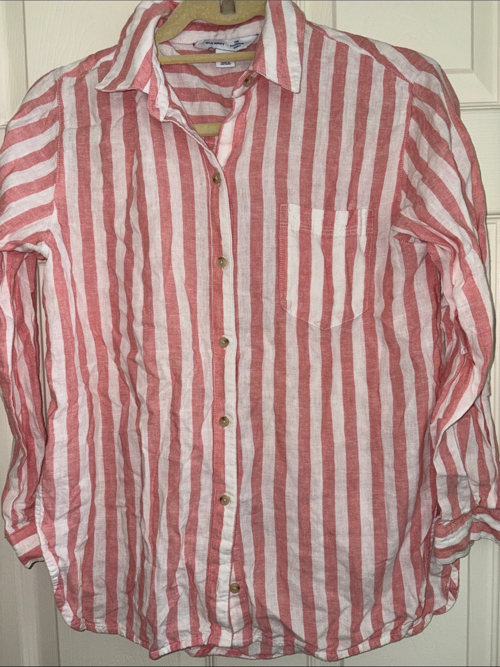 Old Navy Linen blend Pink and White Striped Button-Down Boyfriend Shirt